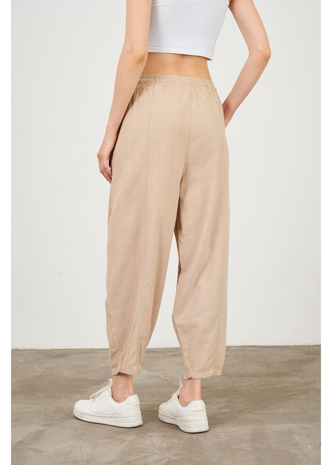 Slouchy Fit Beli Lastikli Pantolon-Vizon