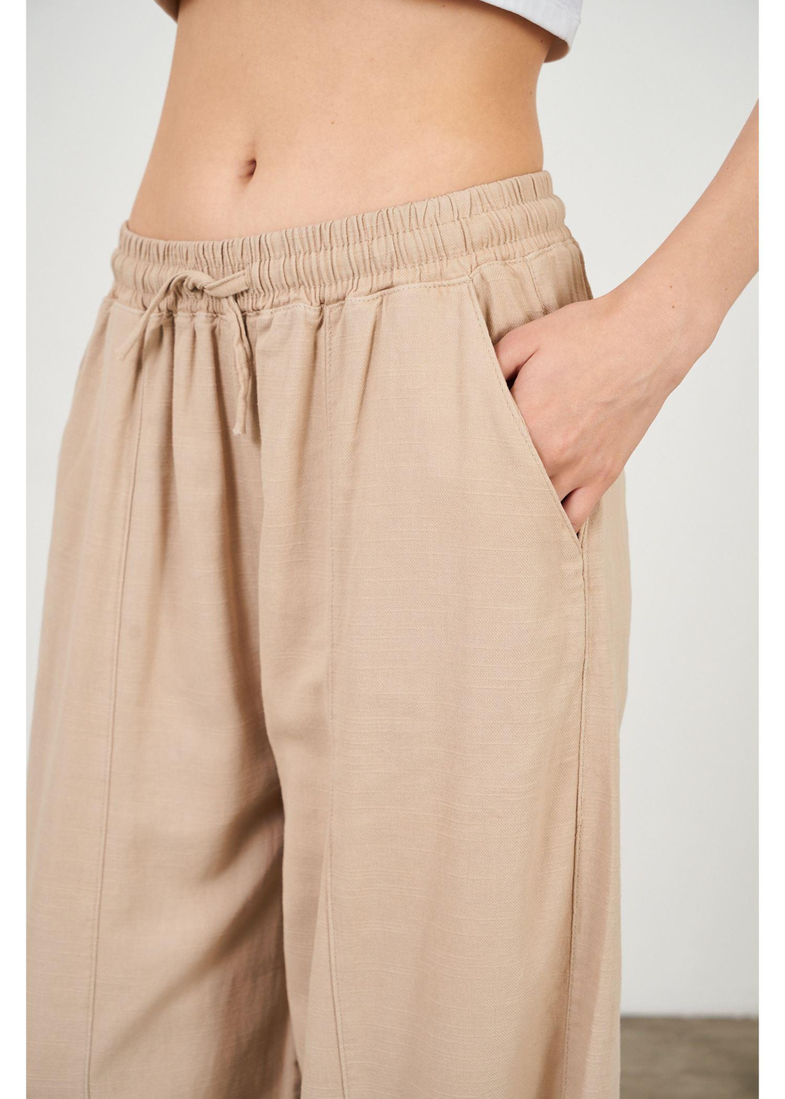 Slouchy Fit Beli Lastikli Pantolon-Vizon