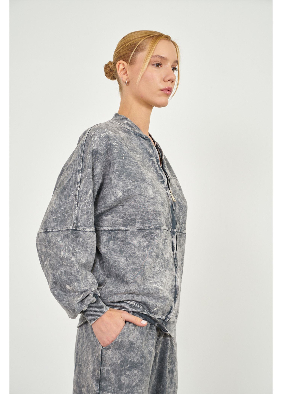 Soluk Efektli Fermuarlı Sweatshirt-Antrasit