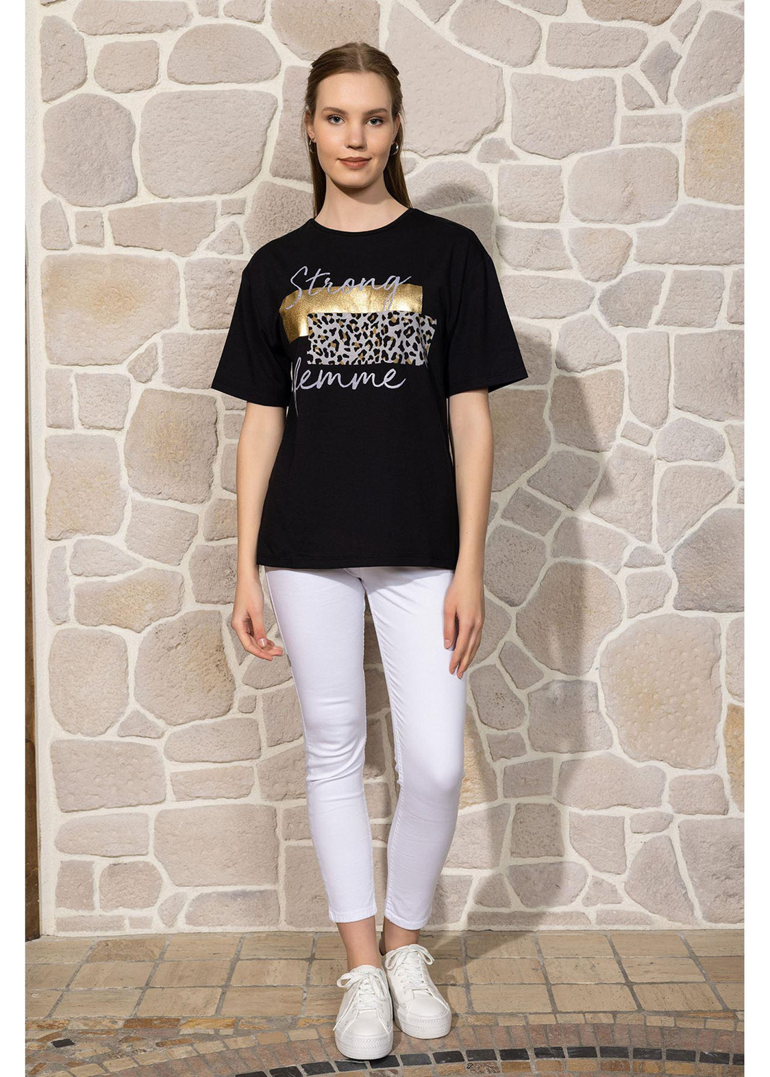 Strong Femme Leopar Desen T-shirt - Siyah
