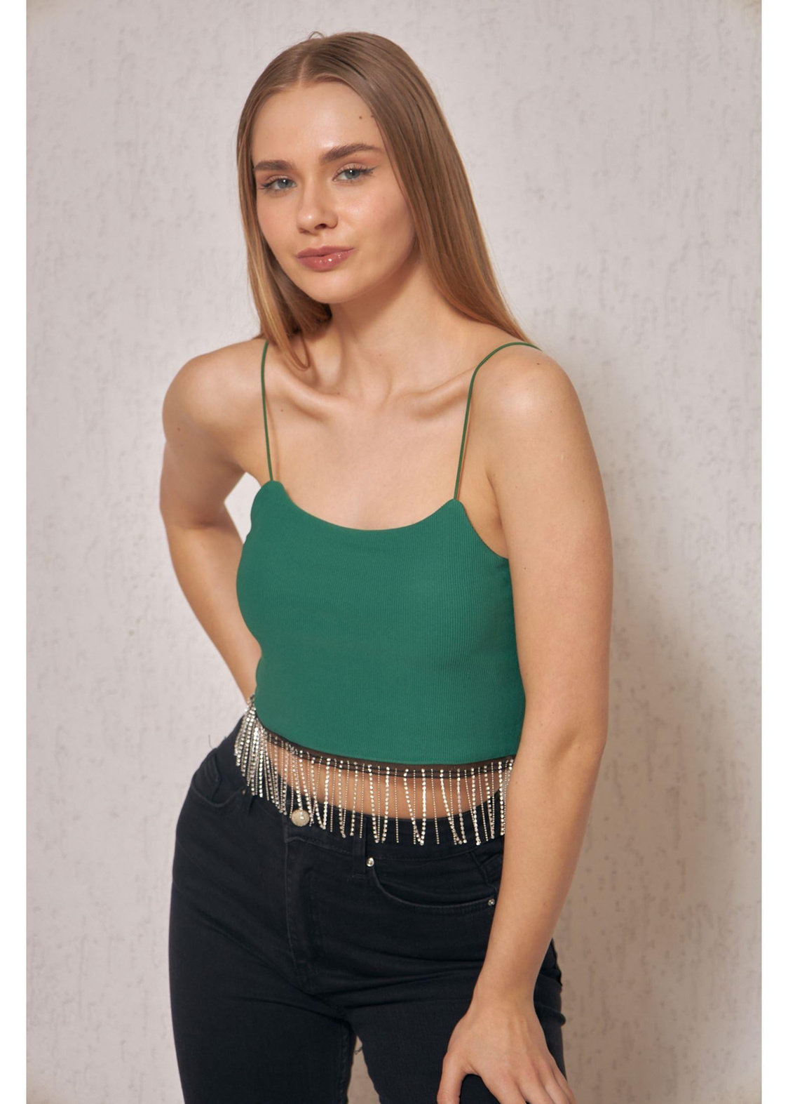 Taş Detaylı Crop Bluz - Zümrüt Yeşili