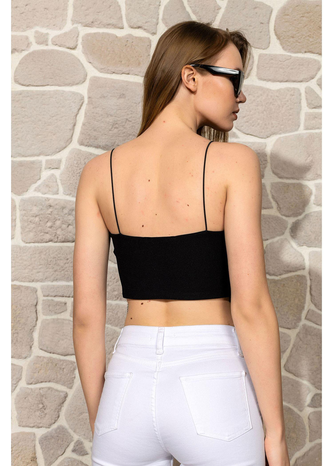 Taş Detaylı Crop Bluz-Siyah