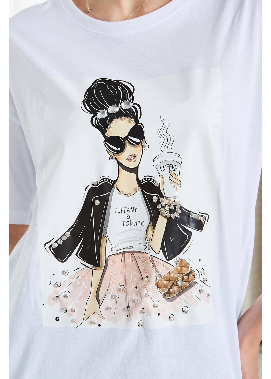 Taş Detaylı Süprem T-Shirt-Beyaz