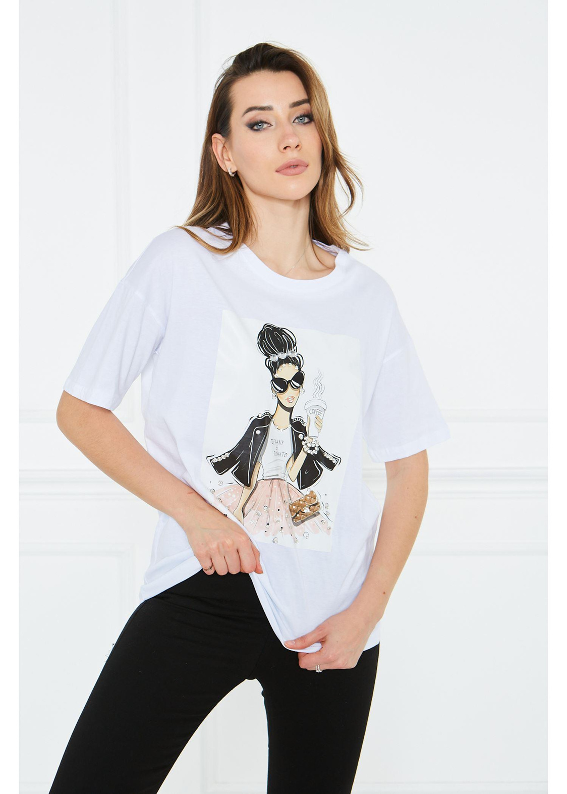 Taş Detaylı Süprem T-Shirt-Beyaz