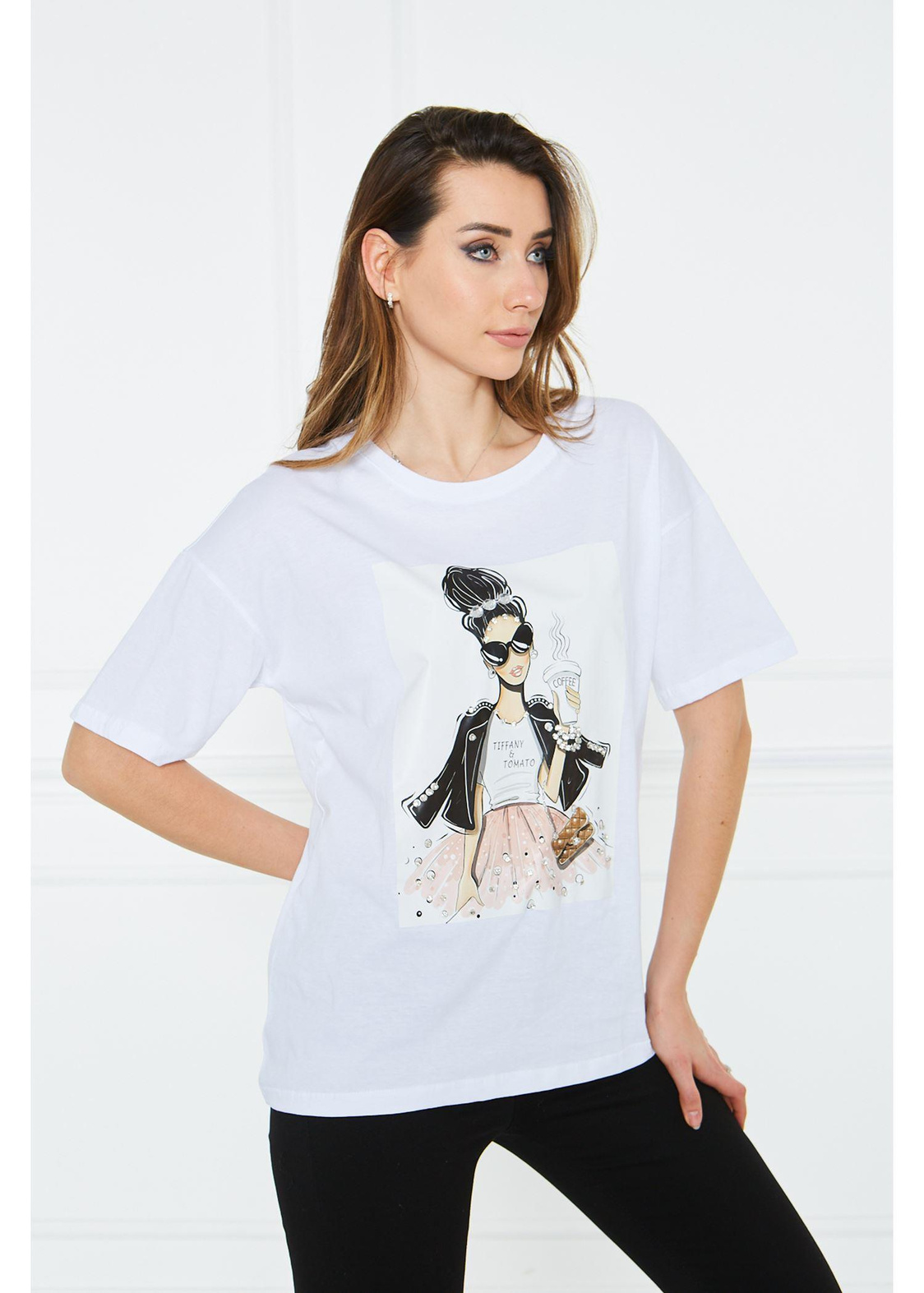 Taş Detaylı Süprem T-Shirt-Beyaz