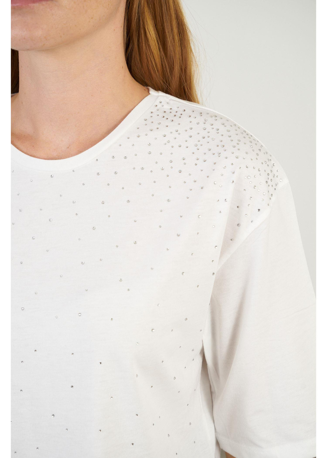 Taş İşlemeli Basic T-shirt-Ekru