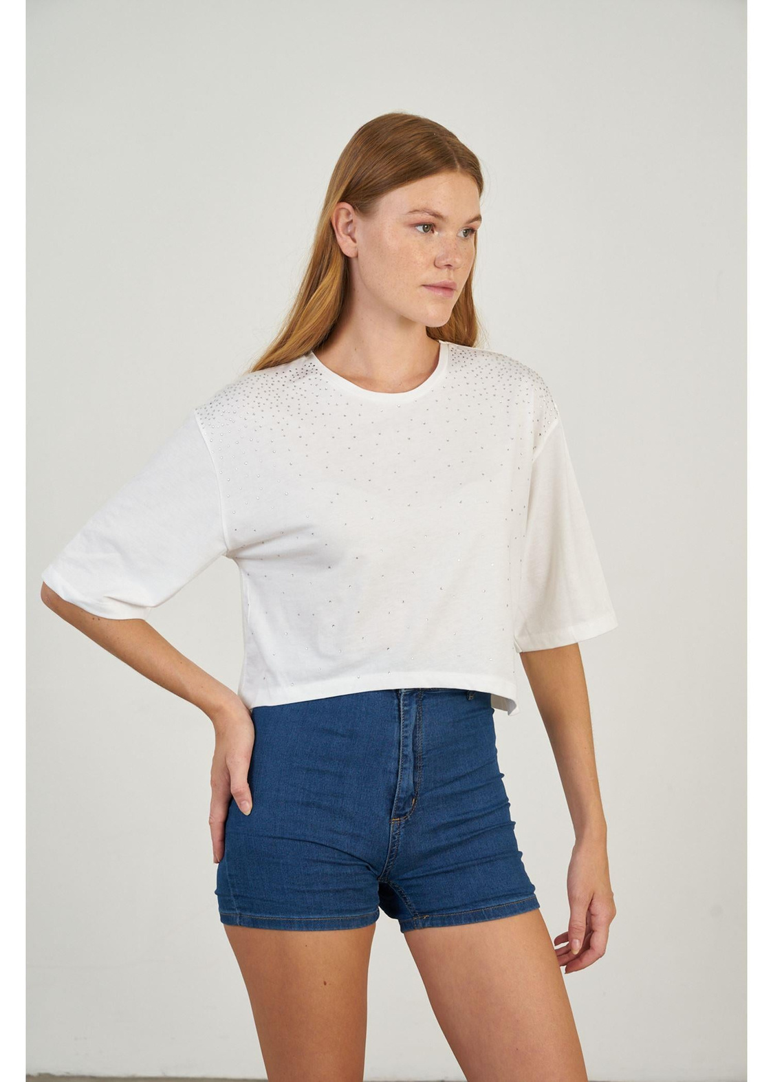 Taş İşlemeli Basic T-shirt-Ekru