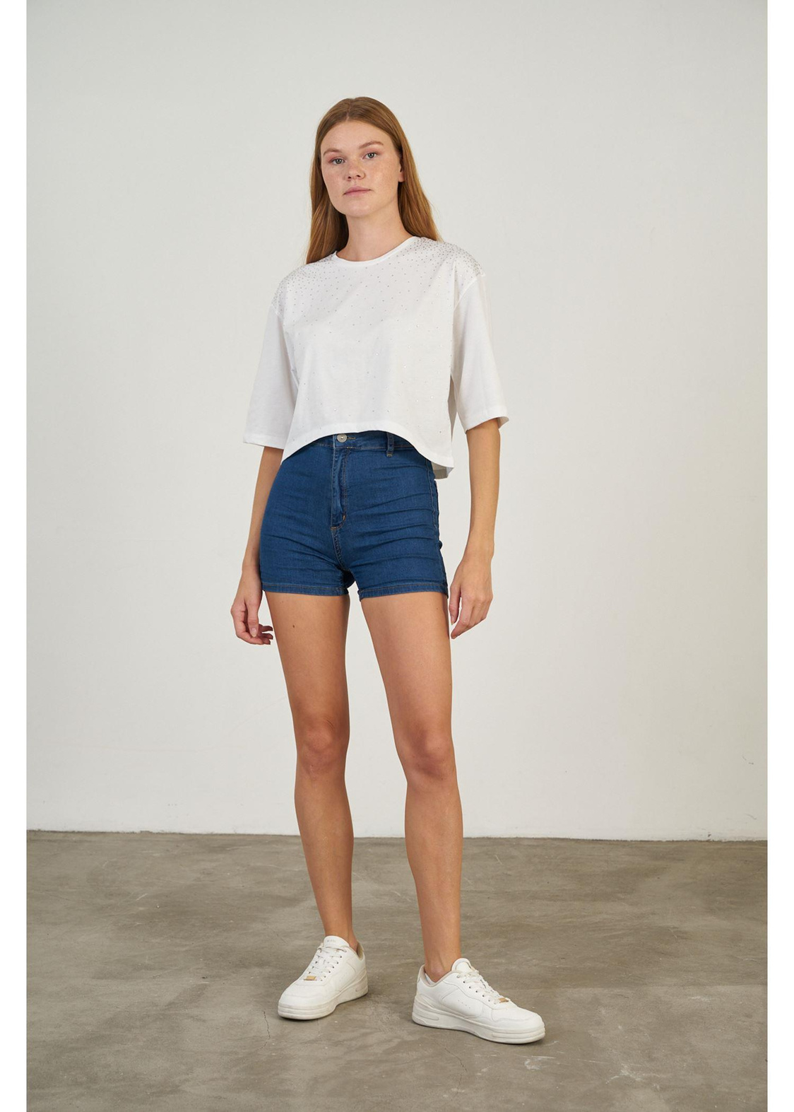 Taş İşlemeli Basic T-shirt-Ekru