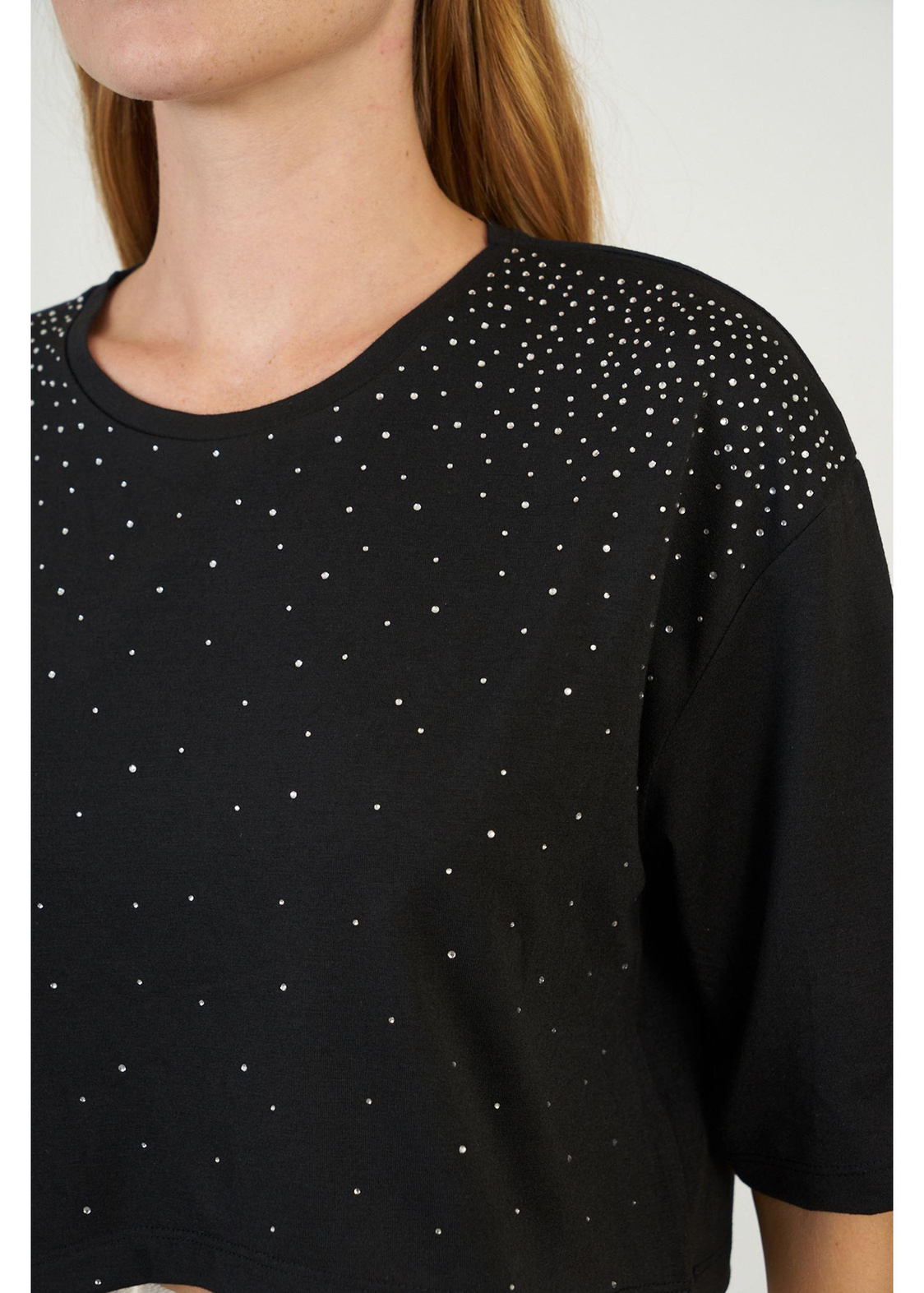 Taş İşlemeli Basic T-shirt-Siyah