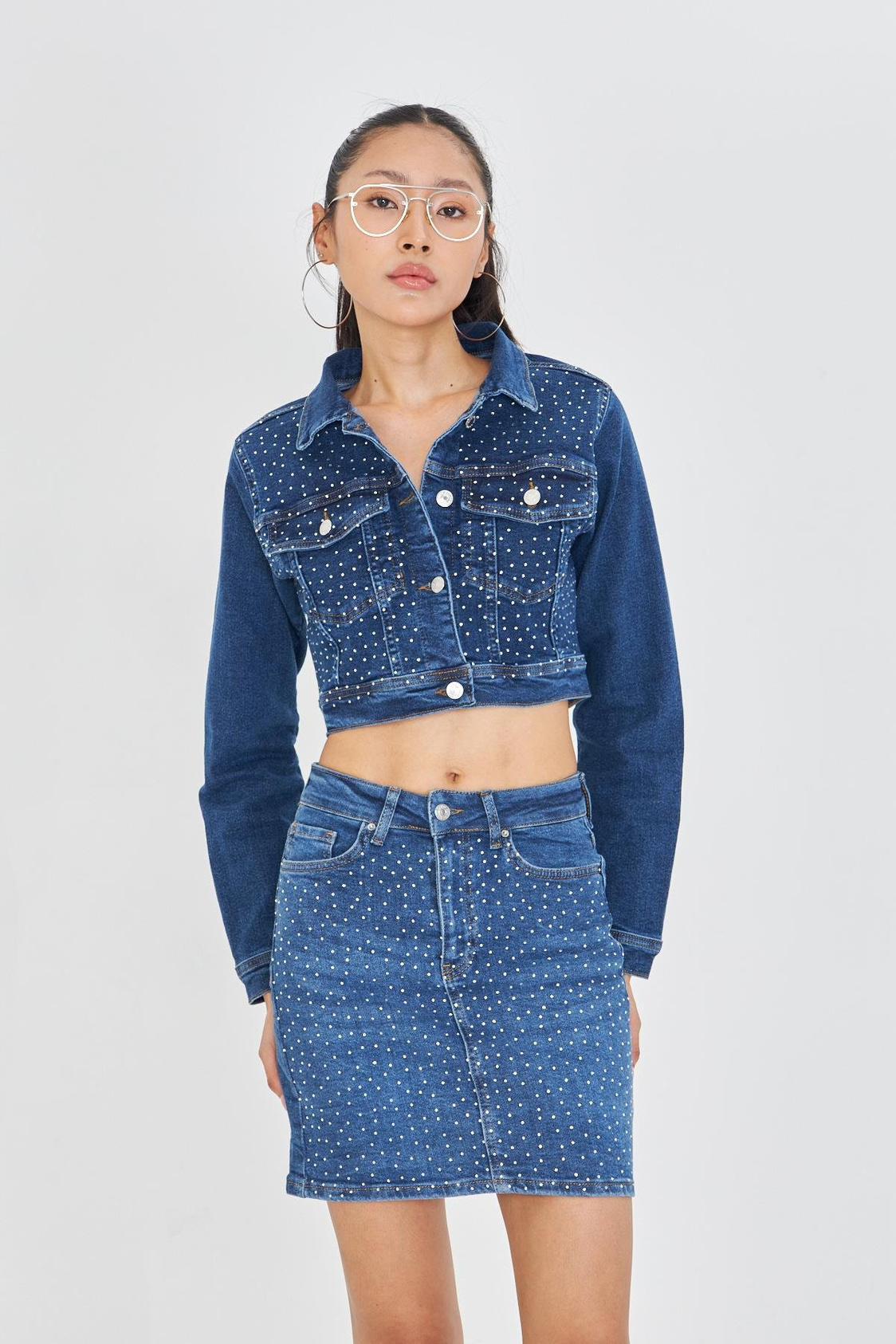 Taş İşlemeli Crop Denim Ceket
