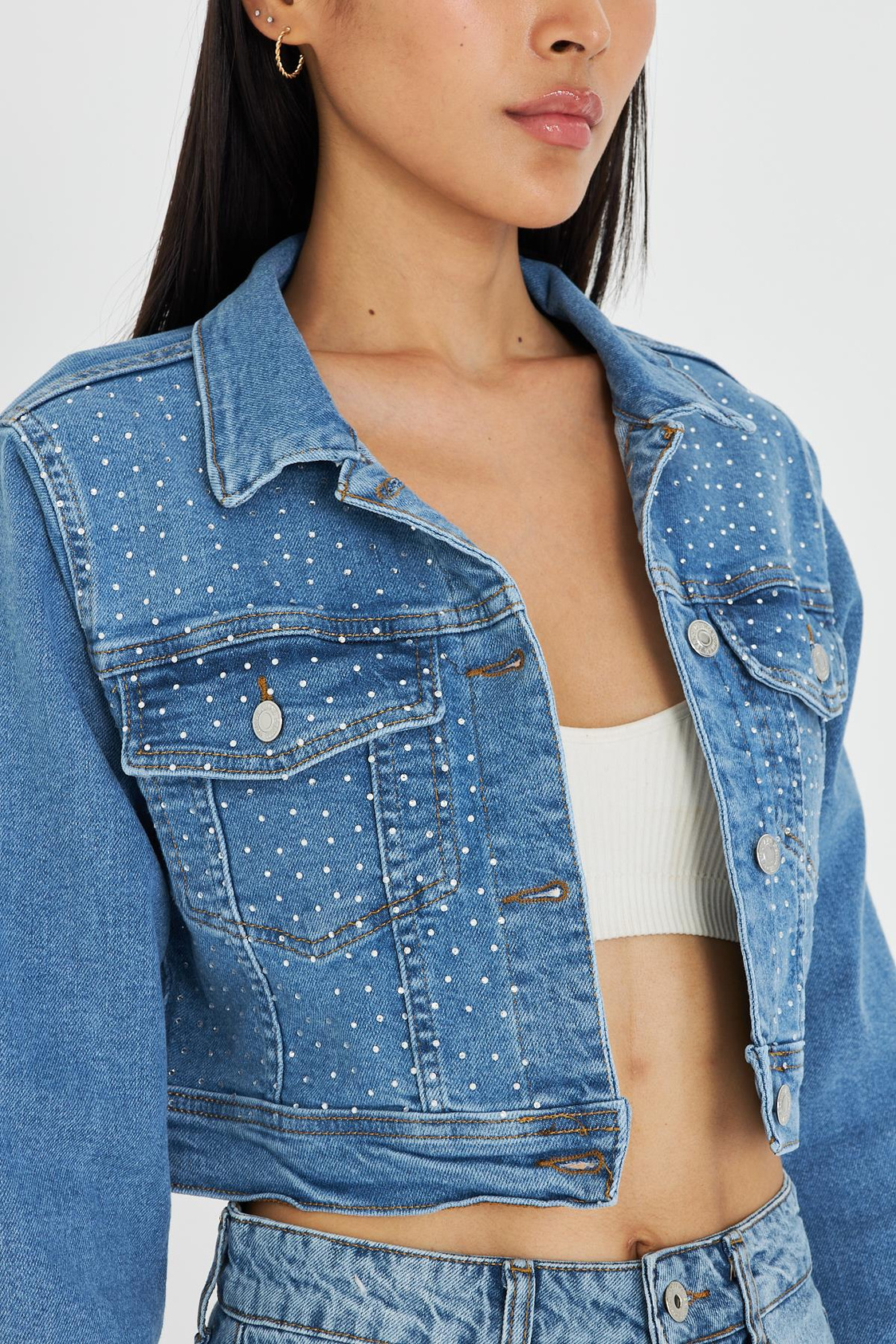 Taş İşlemeli Crop Denim Ceket