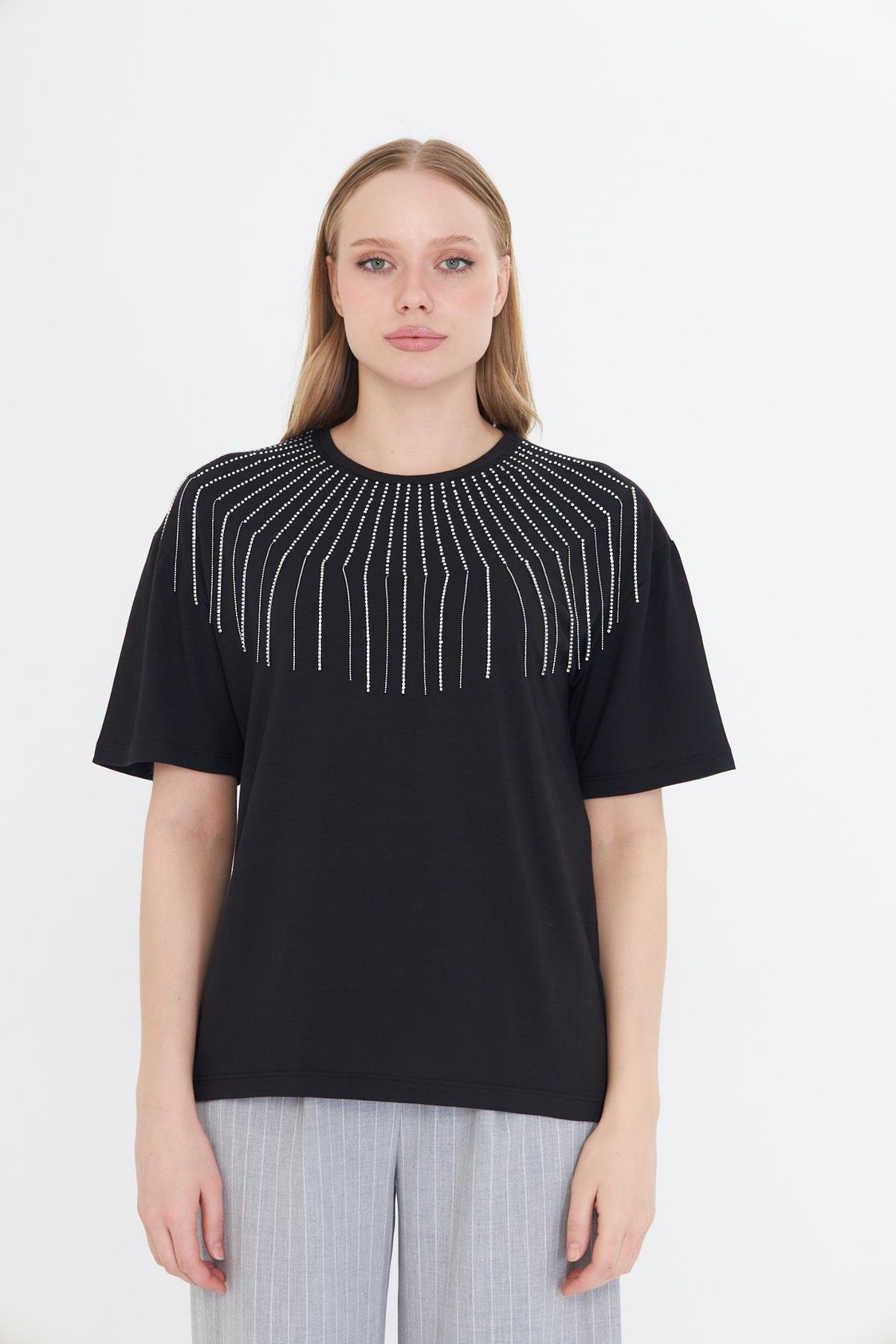 Taş İşlemeli T-shirt - Siyah