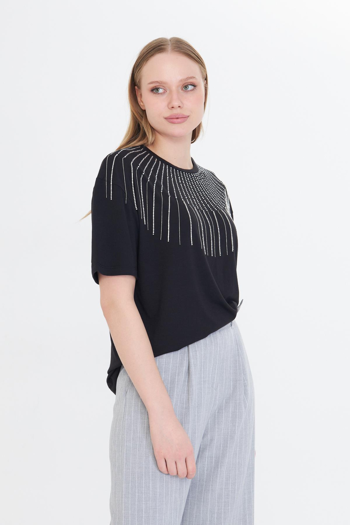 Taş İşlemeli T-shirt - Siyah