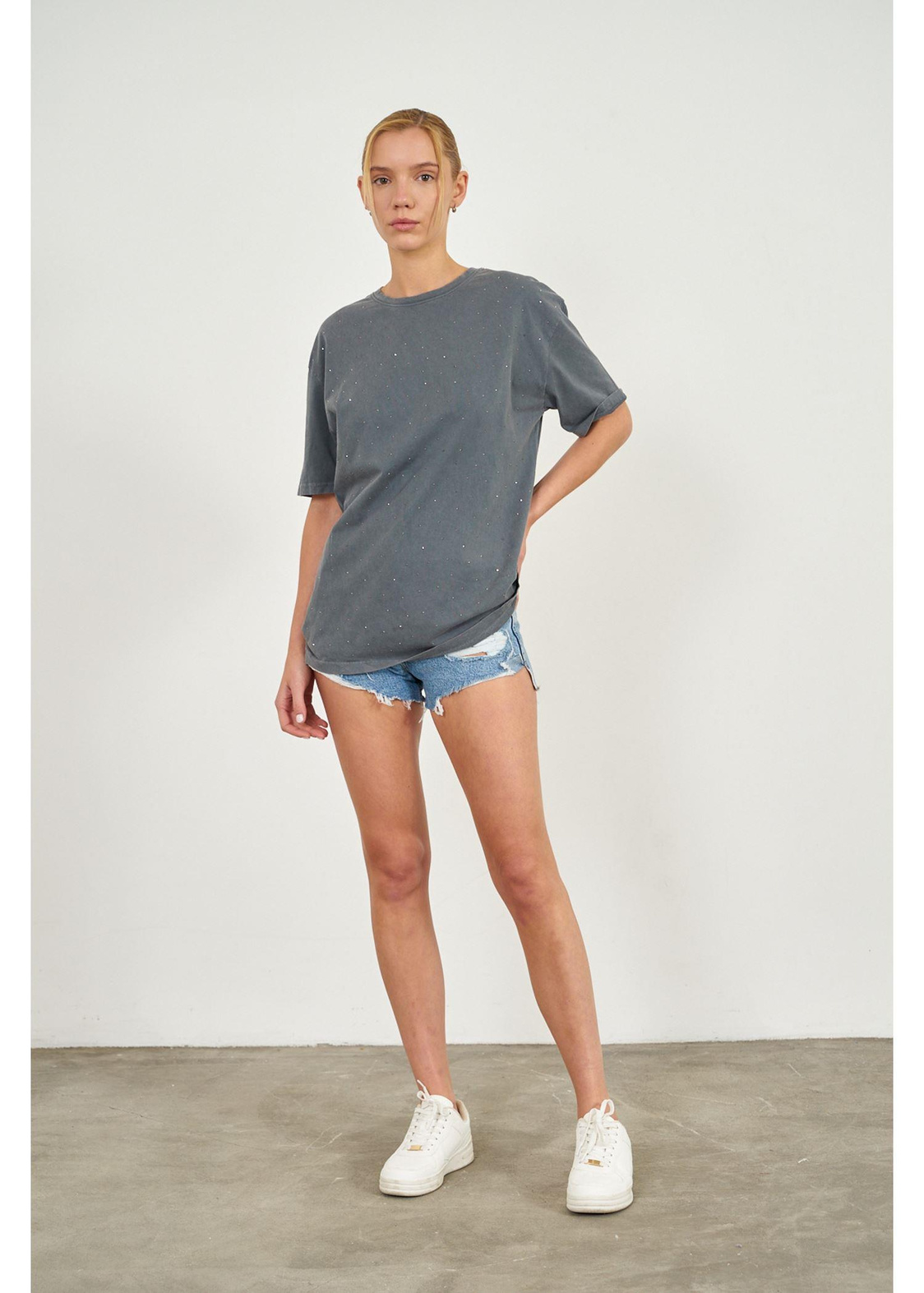 Taşlı Basic T-shirt-Antrasit