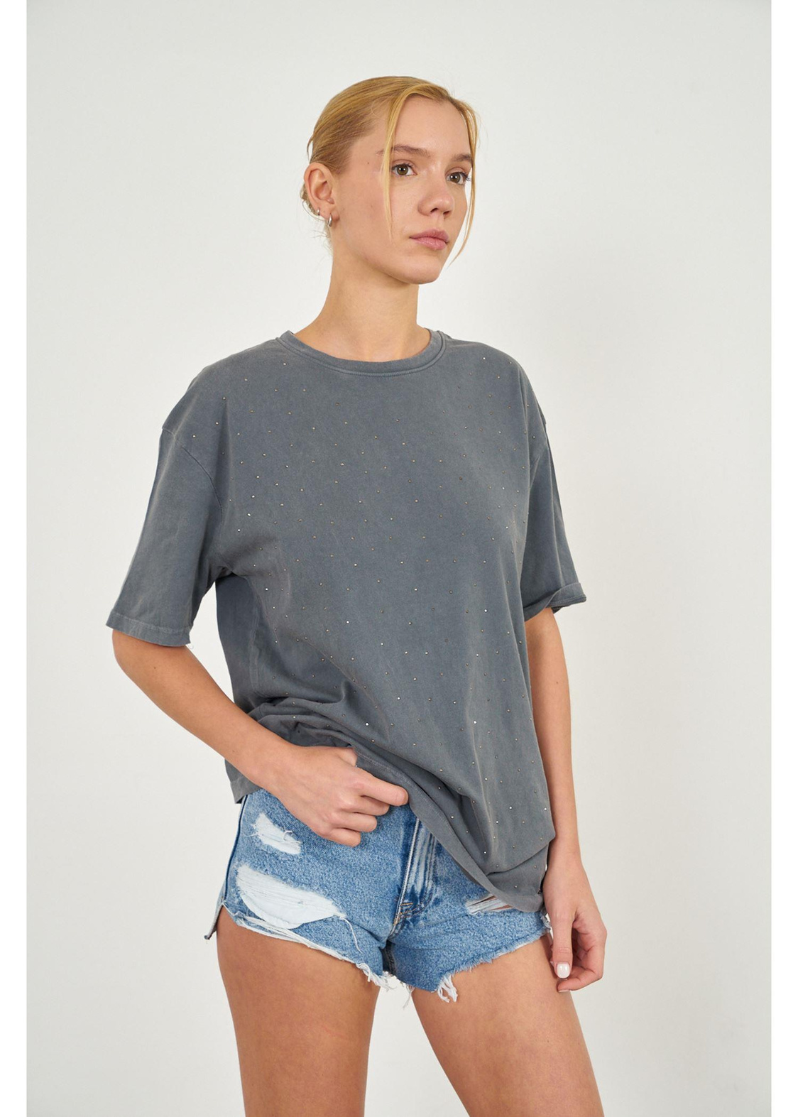 Taşlı Basic T-shirt-Antrasit
