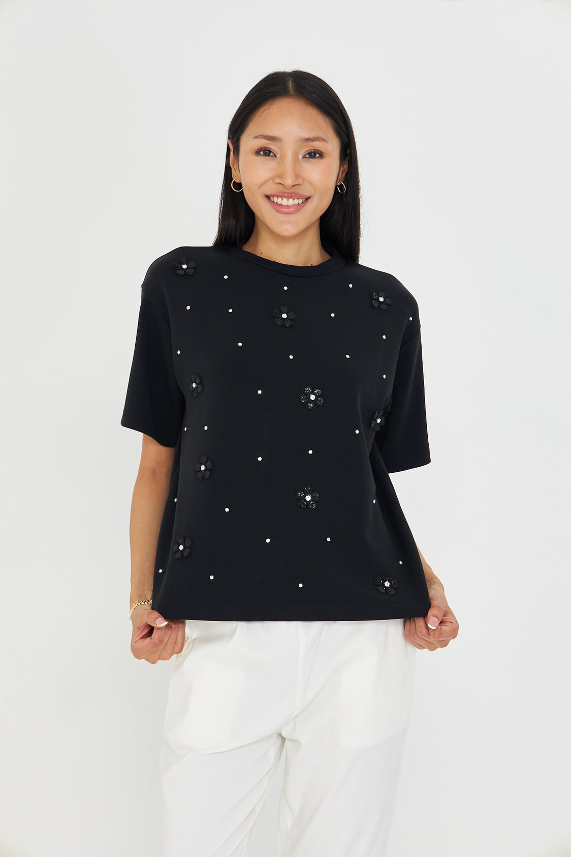 Taşlı Çiçekli Bambu T-Shirt