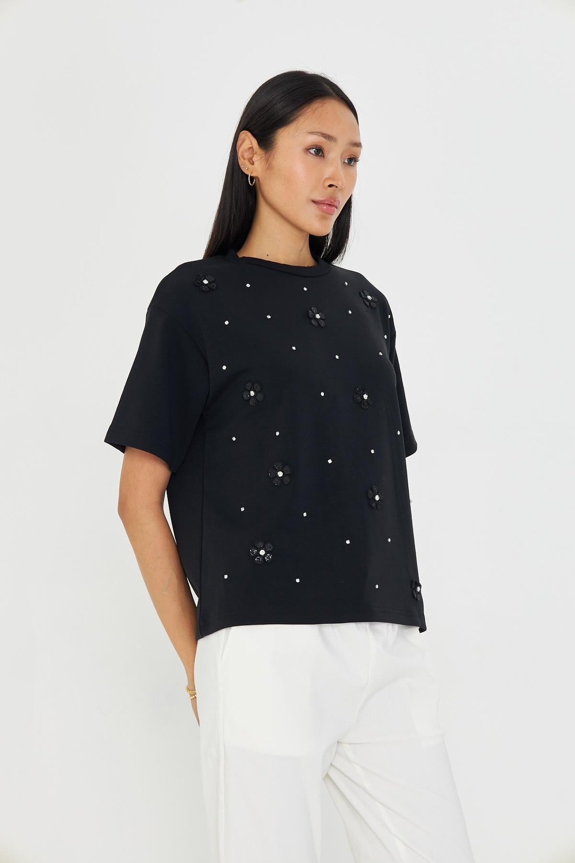 Taşlı Çiçekli Bambu T-Shirt