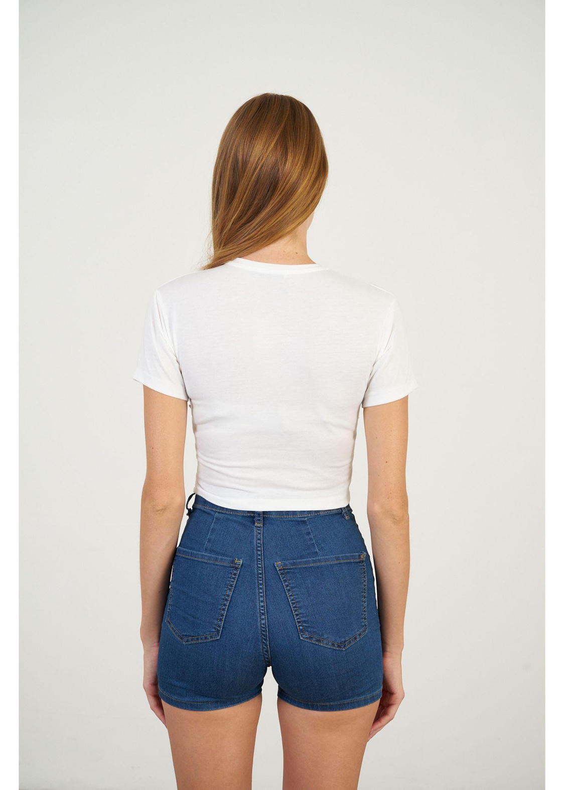 Taşlı Crop T-shirt-Ekru