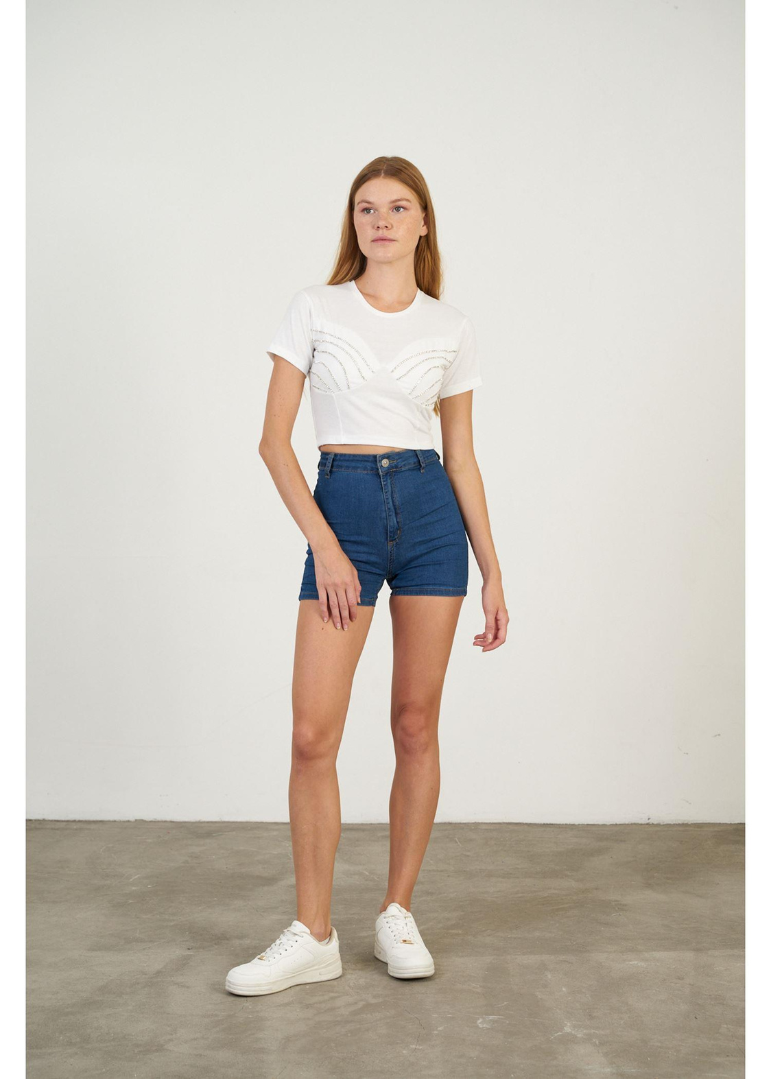 Taşlı Crop T-shirt-Ekru