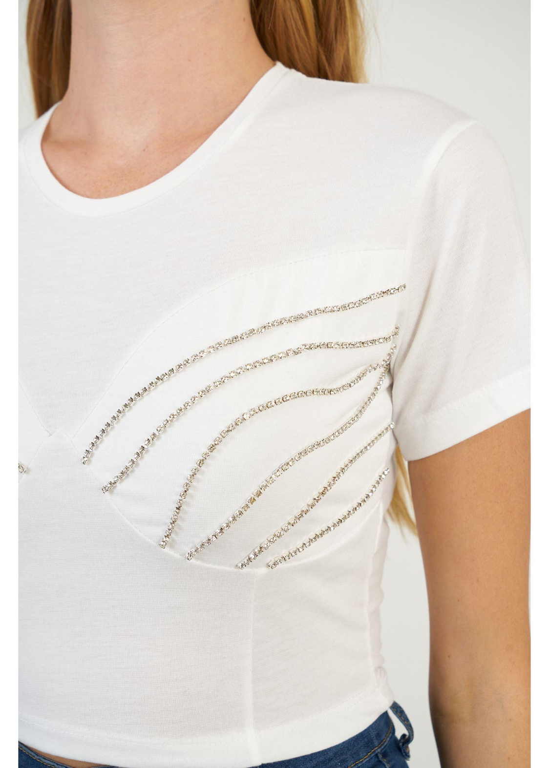 Taşlı Crop T-shirt-Ekru