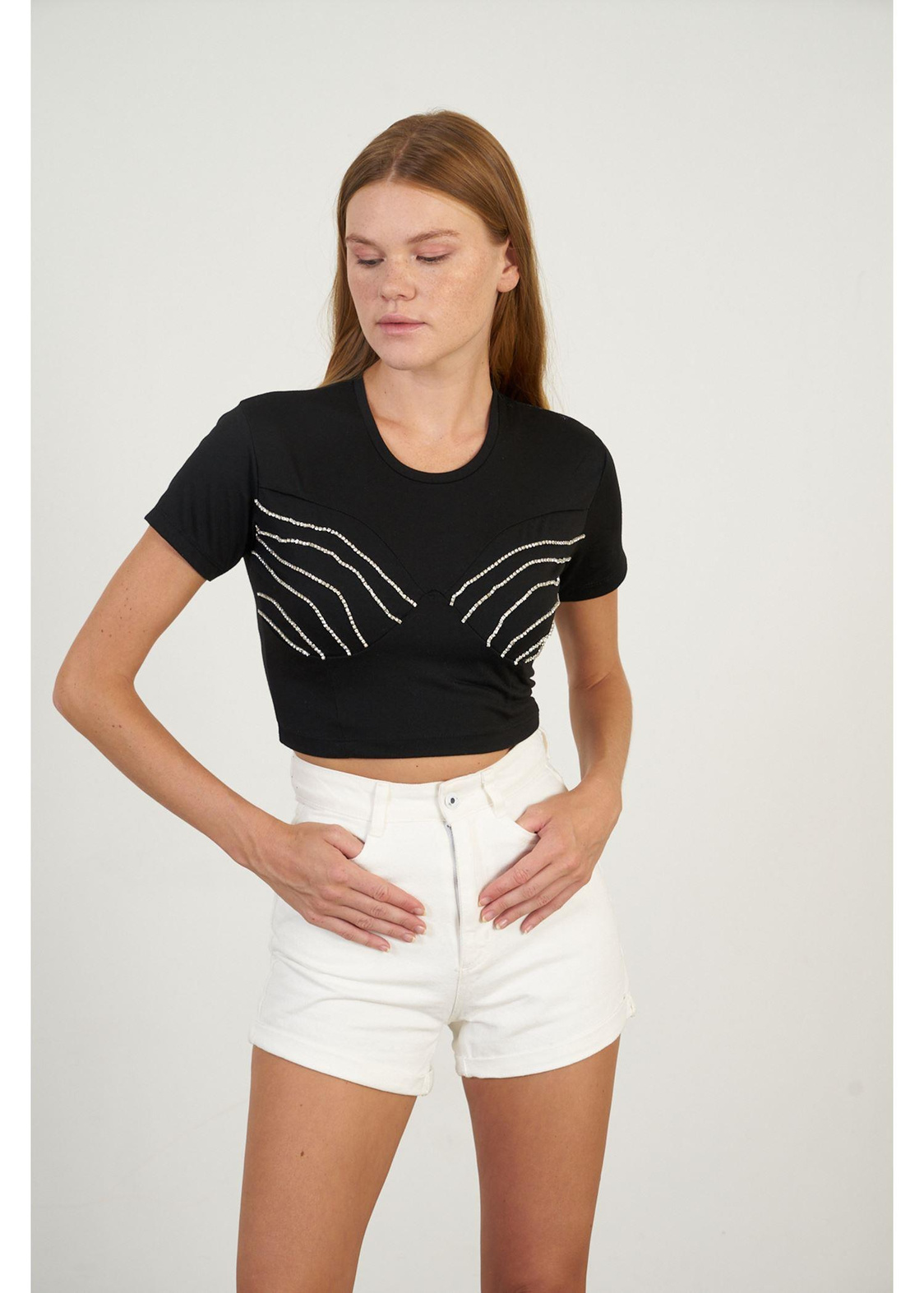 Taşlı Crop T-shirt-Siyah