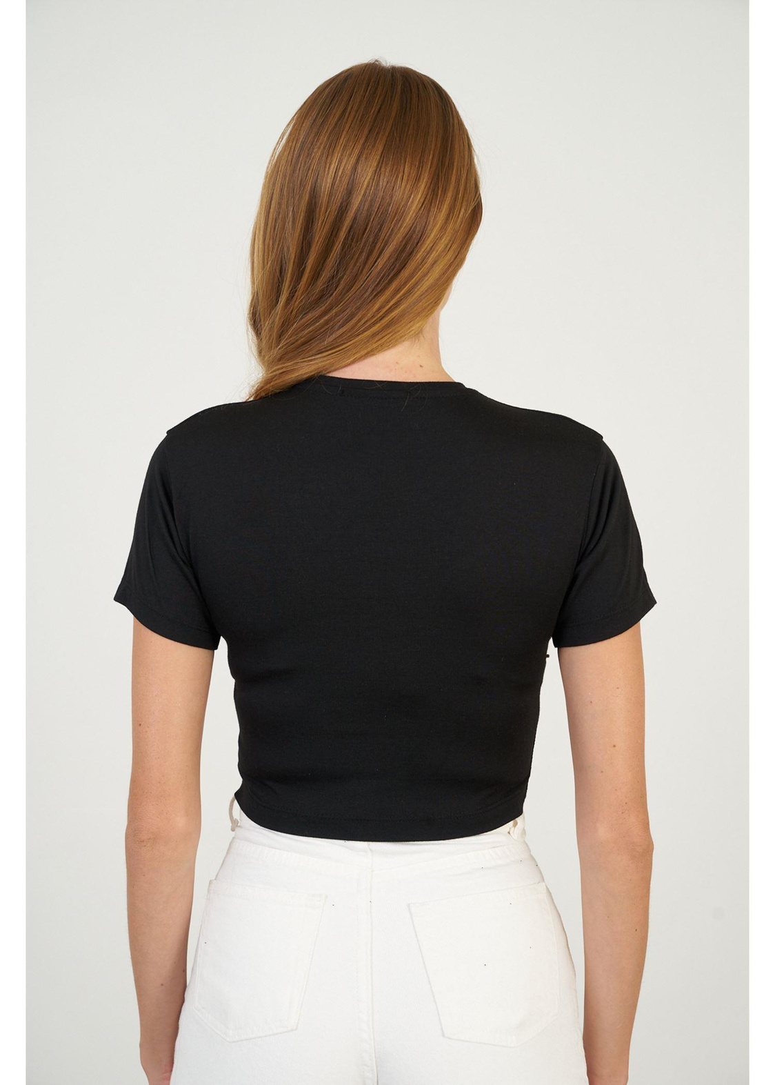 Taşlı Crop T-shirt-Siyah