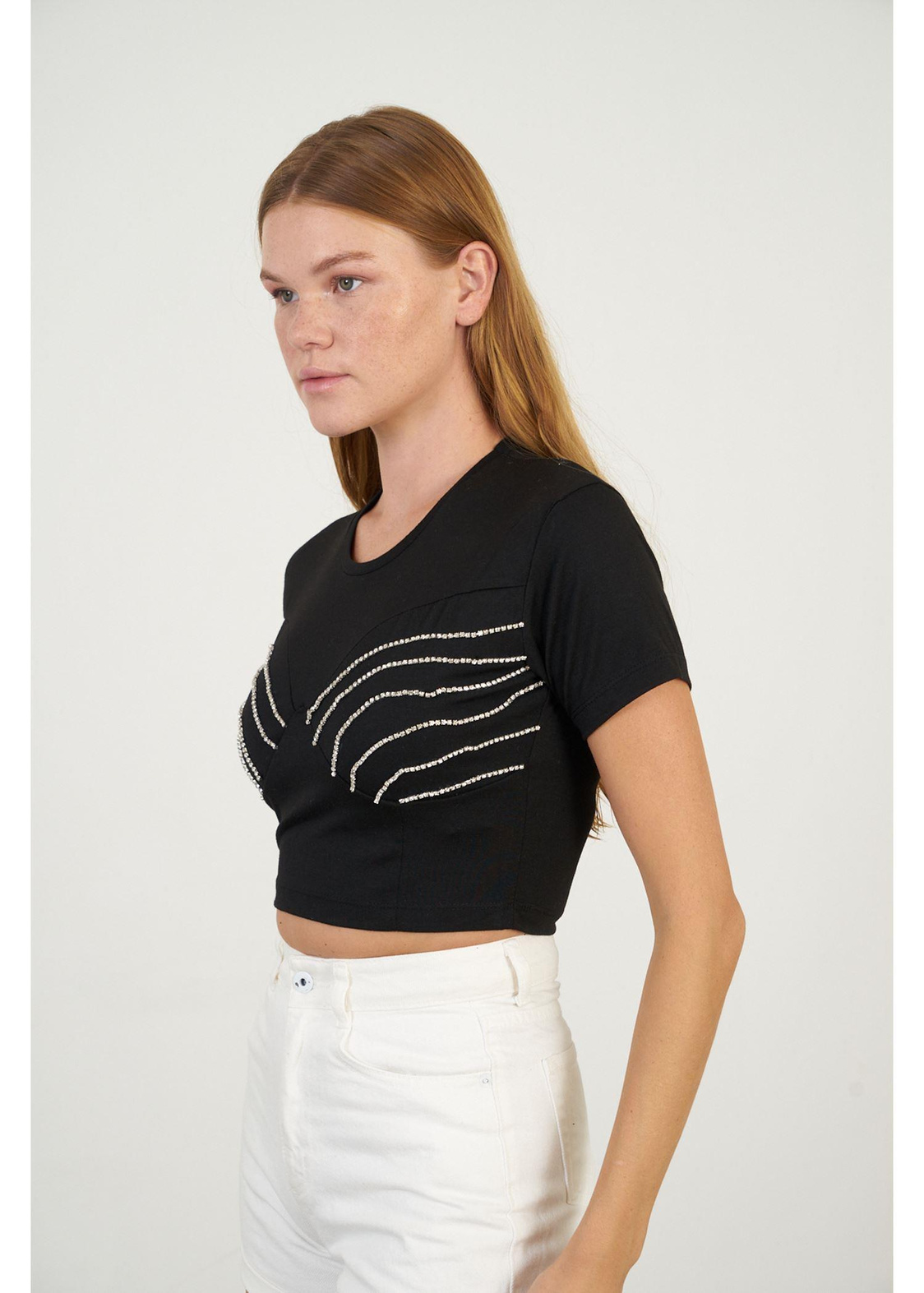 Taşlı Crop T-shirt-Siyah