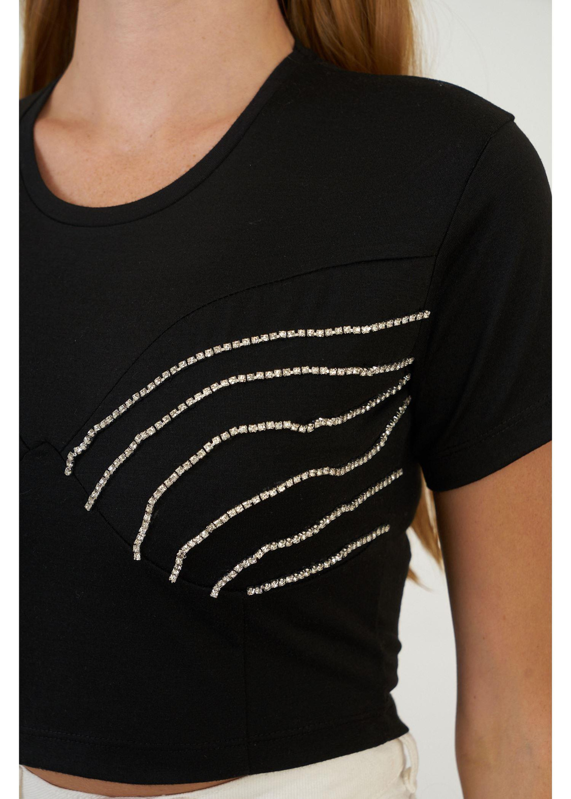 Taşlı Crop T-shirt-Siyah