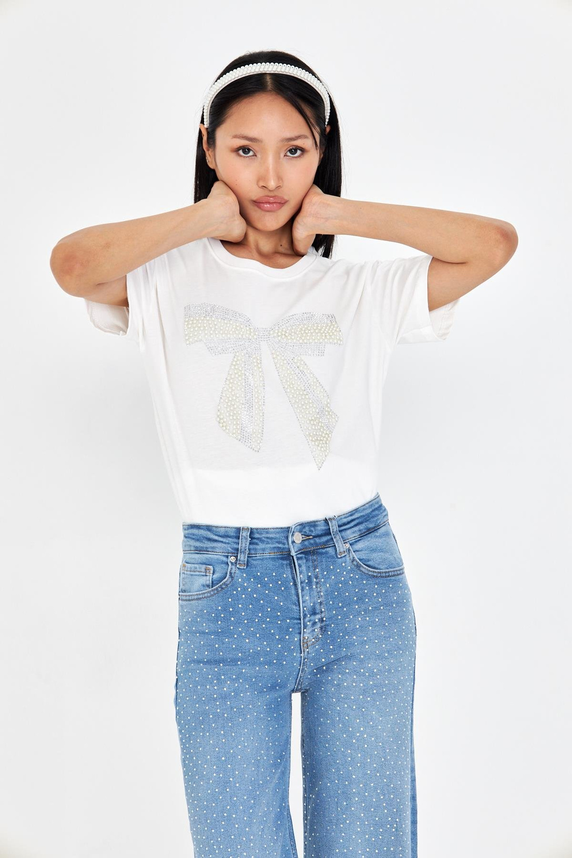 Taşlı Fiyonk Baskılı T-Shirt