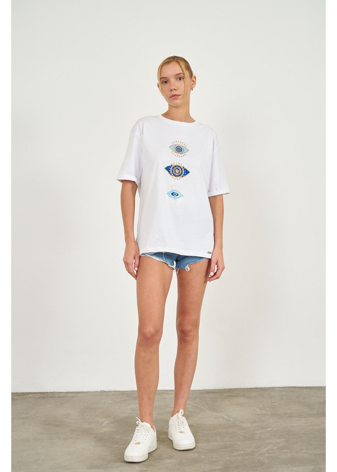 Taşlı Göz Baskılı T-shirt-Ekru