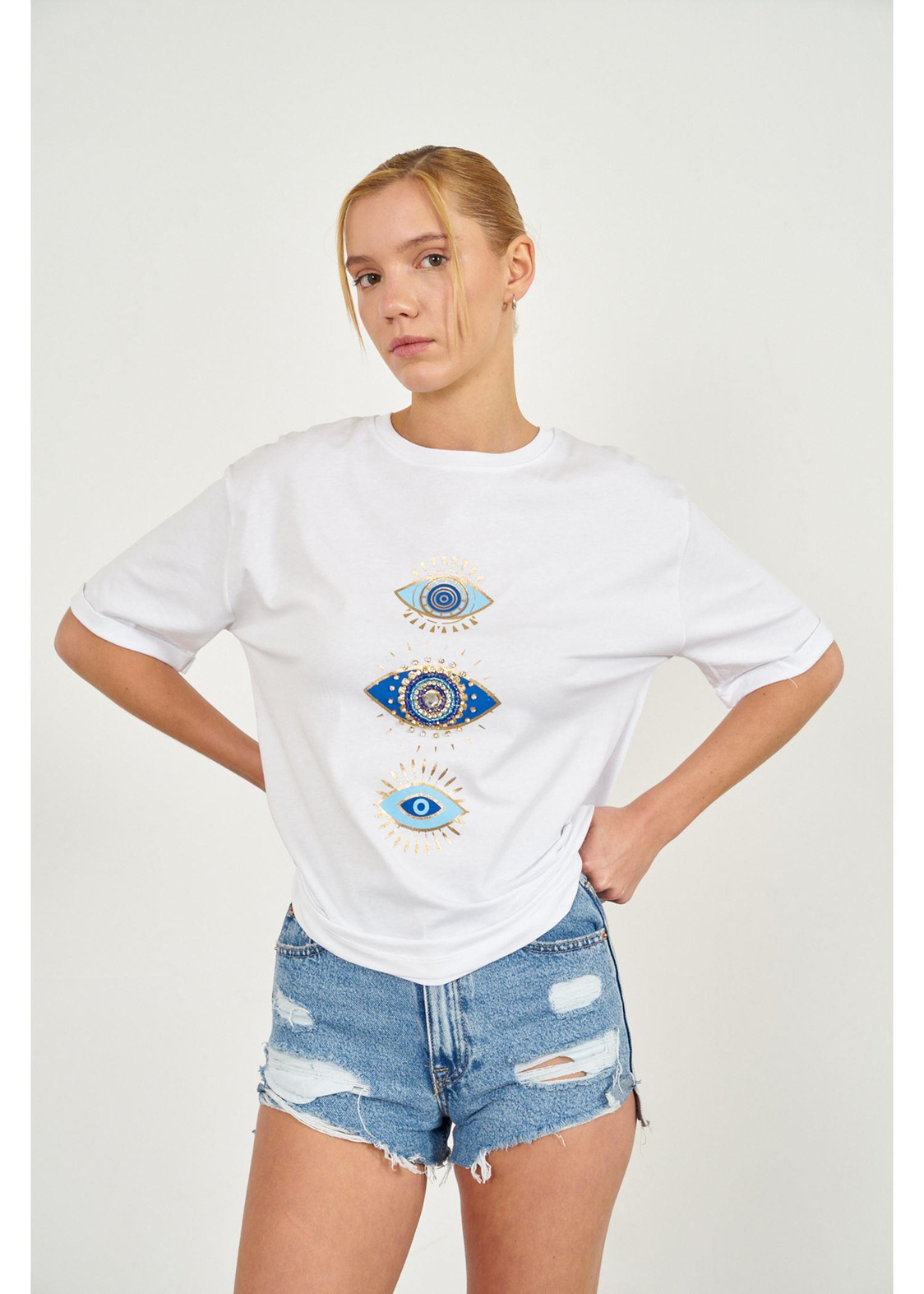 Taşlı Göz Baskılı T-shirt-Ekru