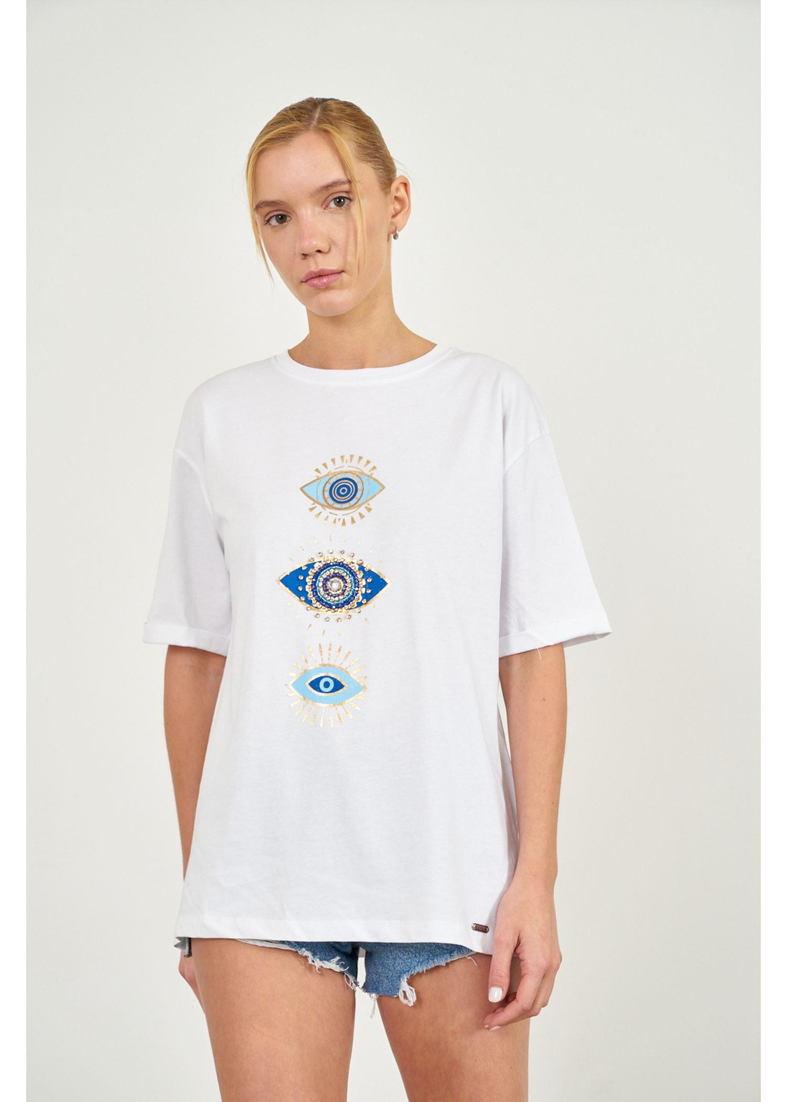 Taşlı Göz Baskılı T-shirt-Ekru