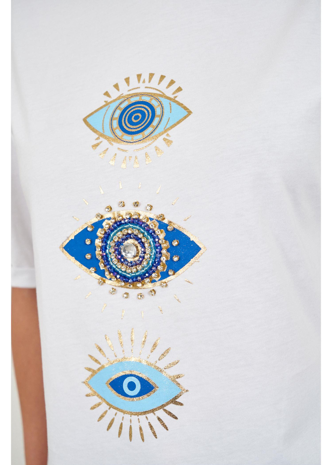Taşlı Göz Baskılı T-shirt-Ekru
