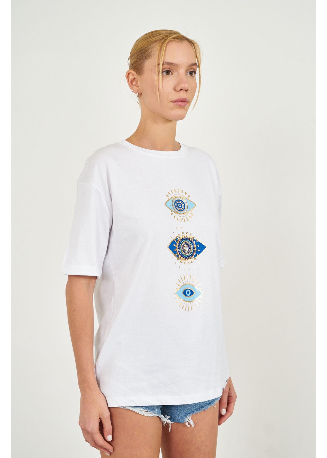 Taşlı Göz Baskılı T-shirt-Ekru