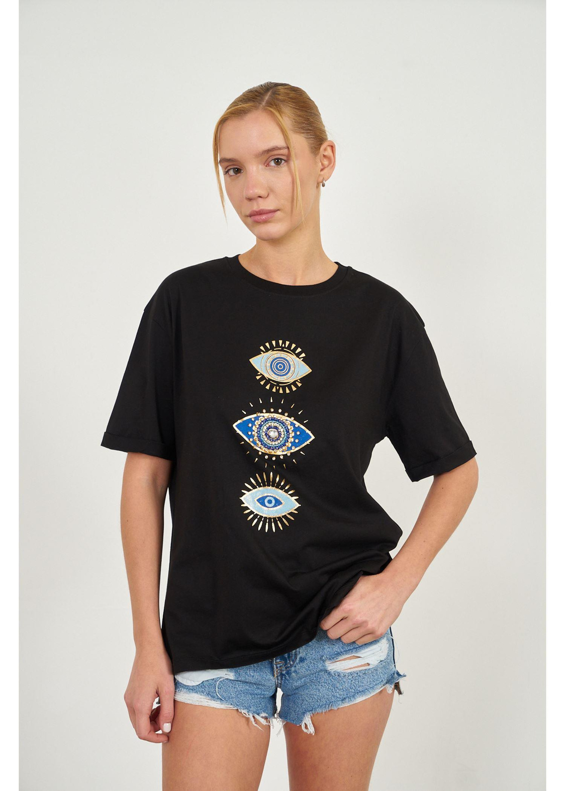Taşlı Göz Baskılı T-shirt-Siyah