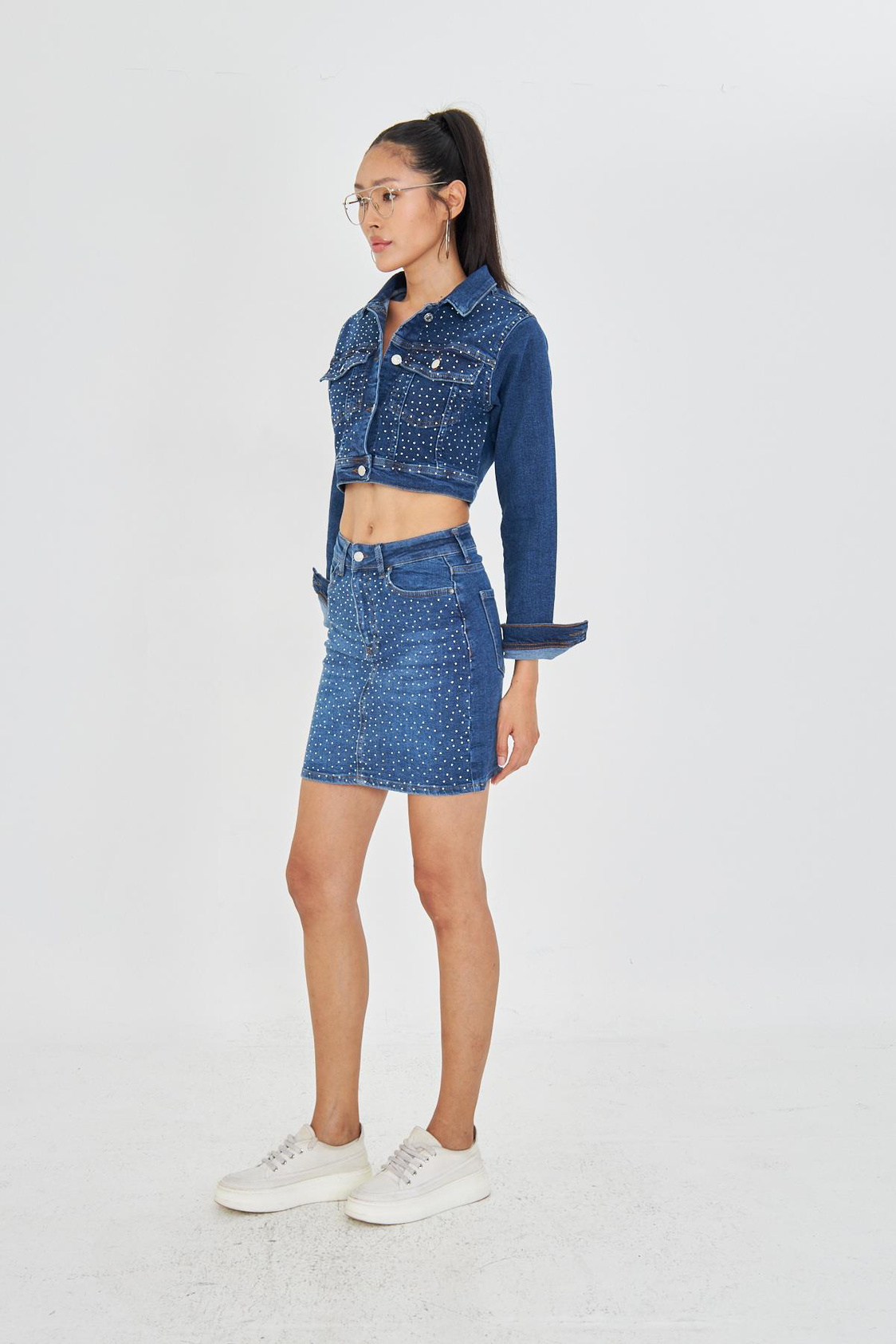 Taşlı Mini Denim Etek