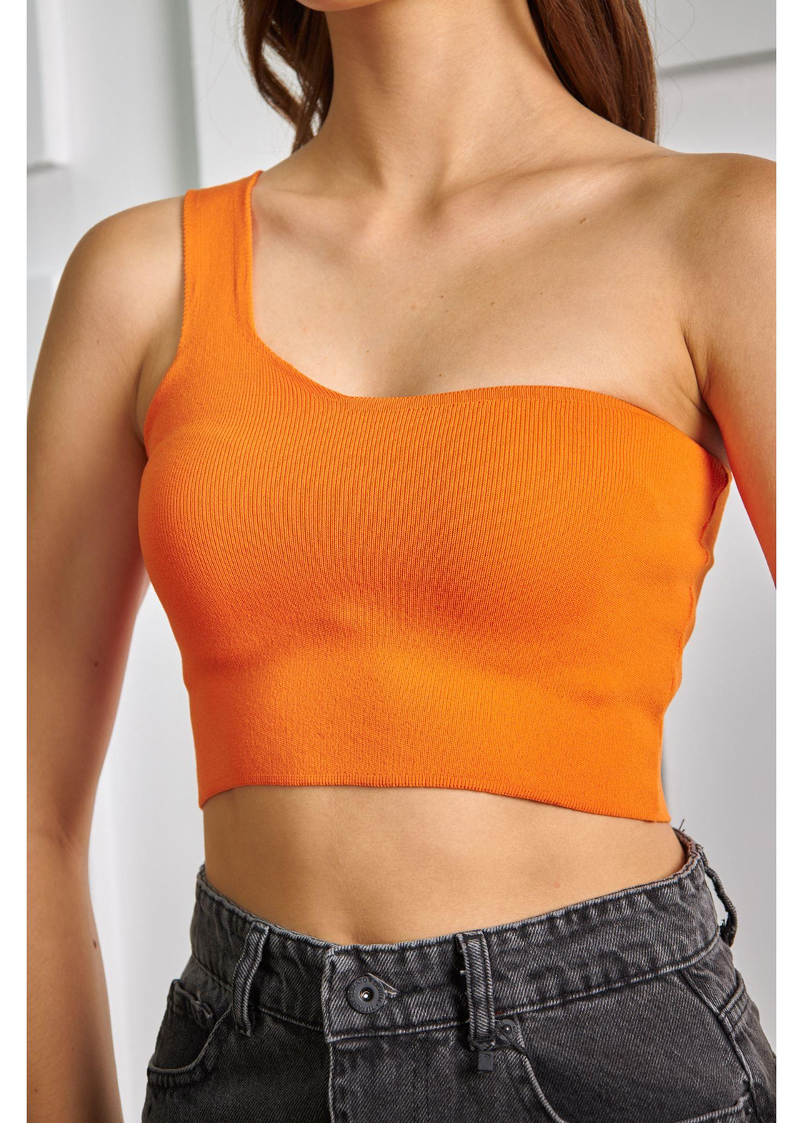 Tek Omuz Crop Top-Turuncu