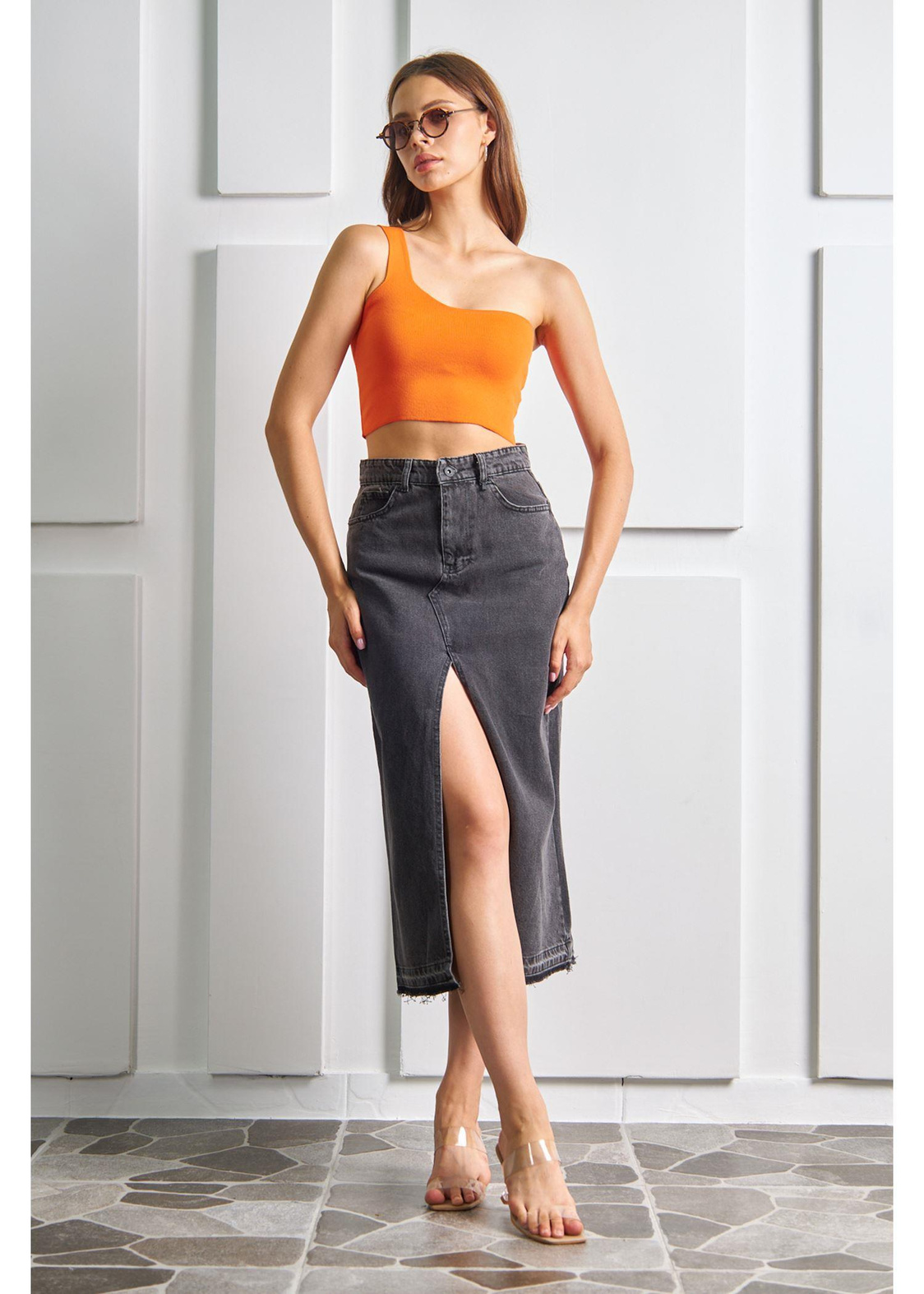 Tek Omuz Crop Top-Turuncu
