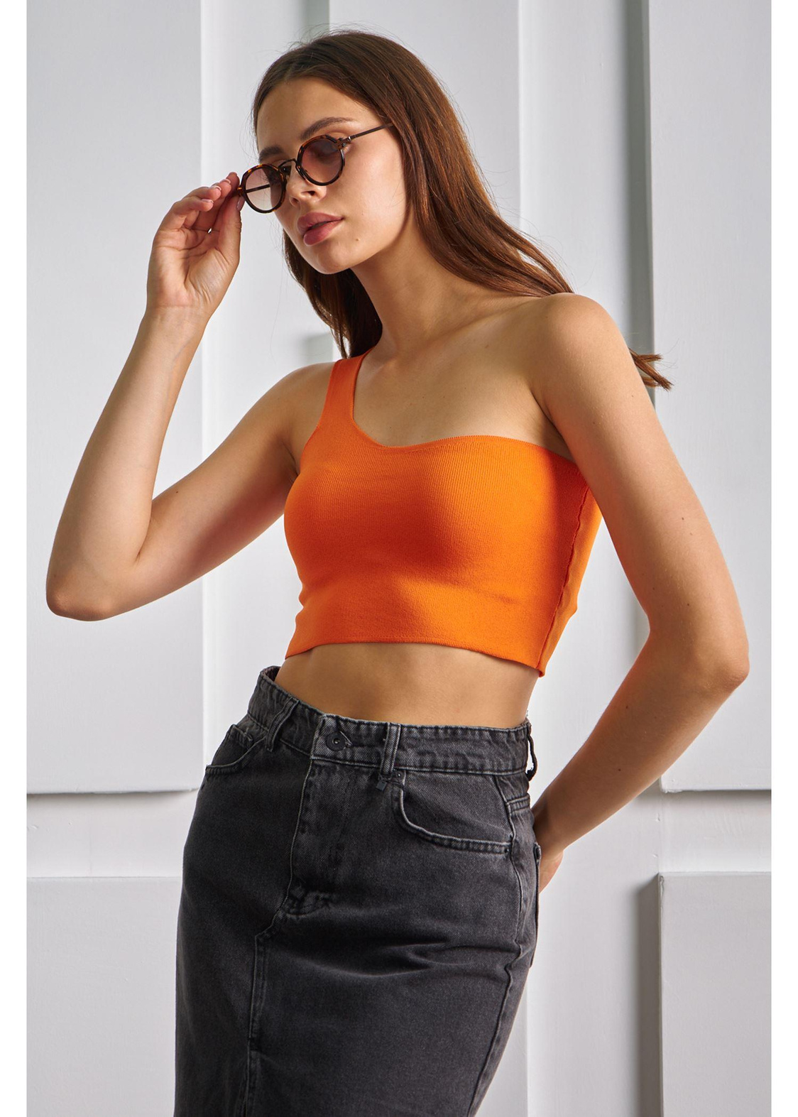 Tek Omuz Crop Top-Turuncu