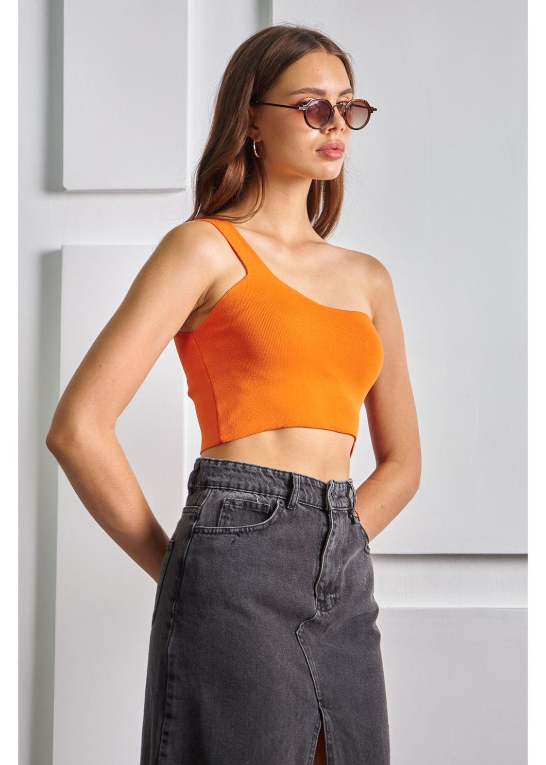 Tek Omuz Crop Top-Turuncu