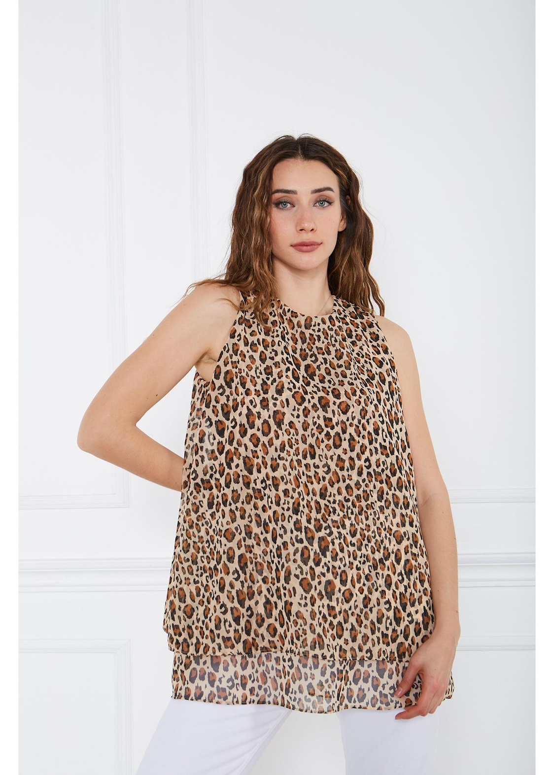 Uzun Leopar Şifon Bluz