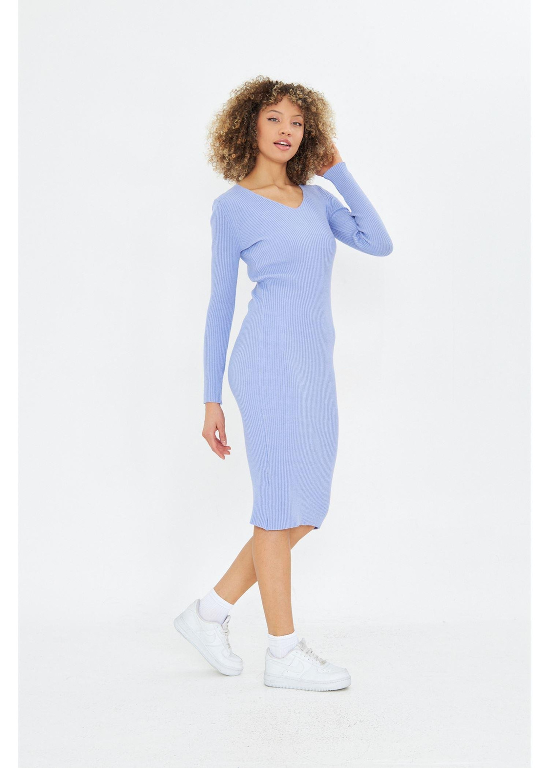 V Yaka Triko Bodycon Elbise