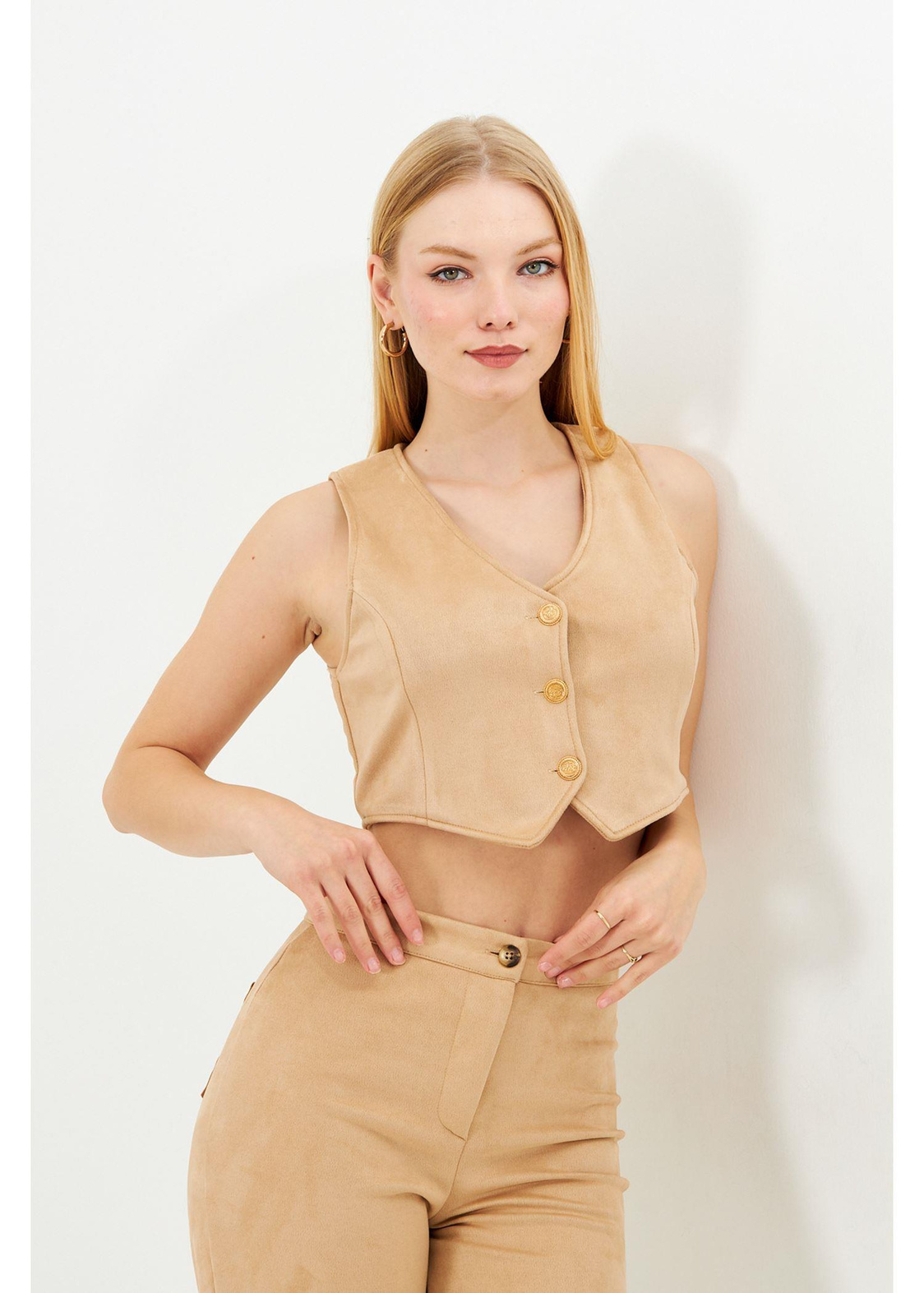 Vizon Crop Süet Yelek