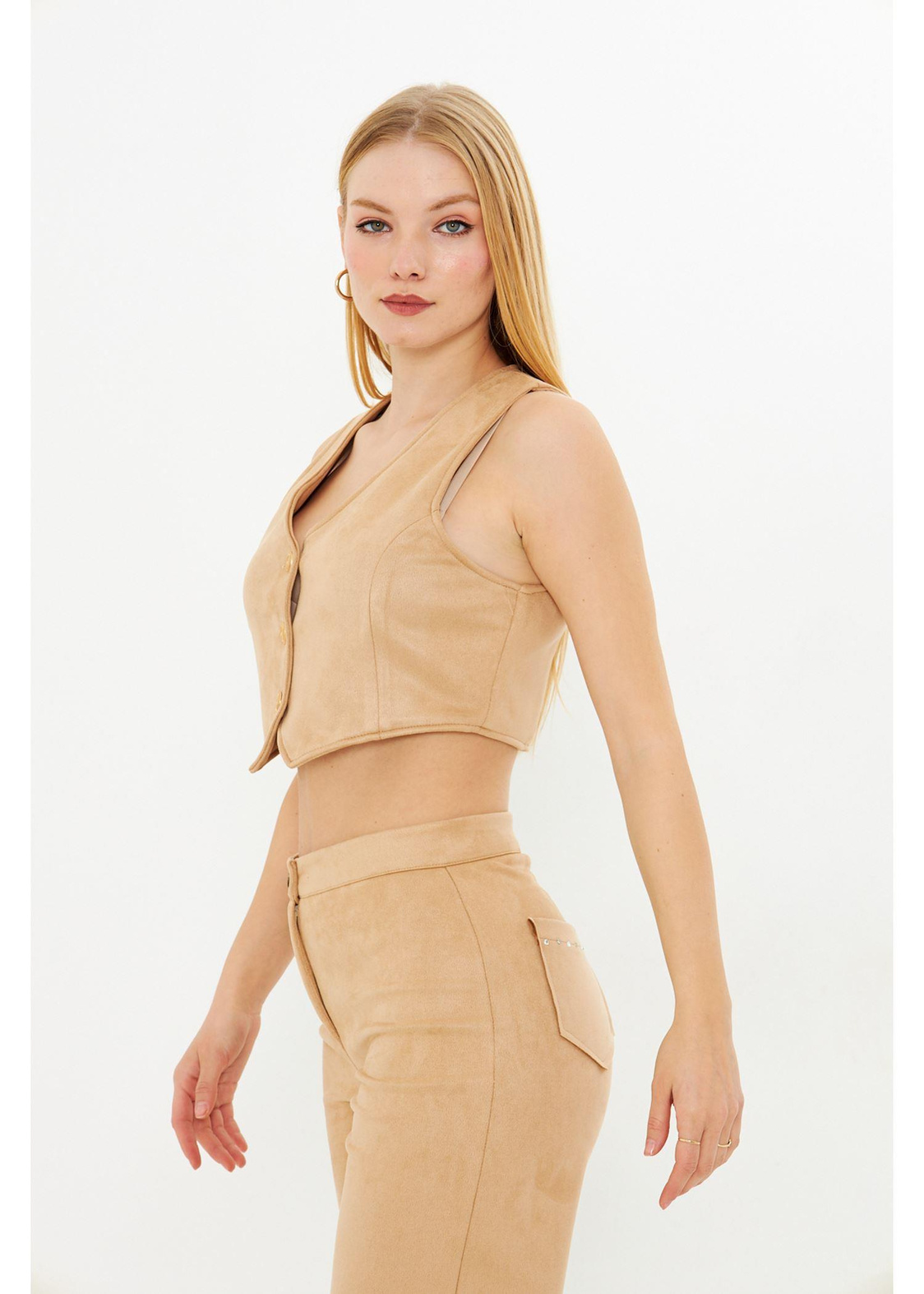 Vizon Crop Süet Yelek