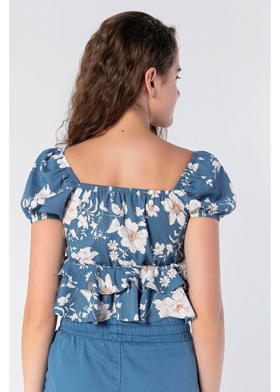 Volanlı, Çiçek Desenli Crop Bluz-Mavi