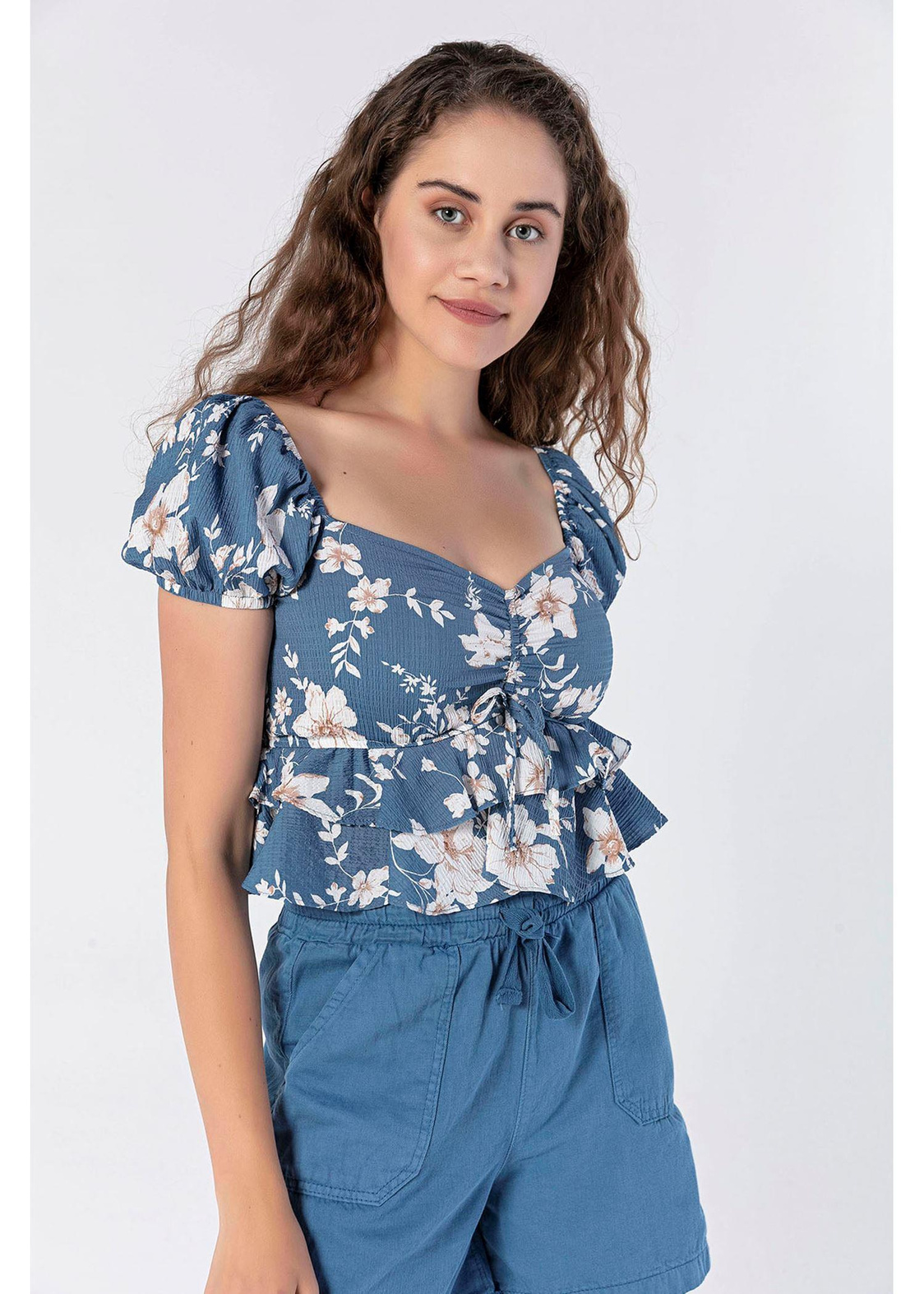 Volanlı, Çiçek Desenli Crop Bluz-Mavi