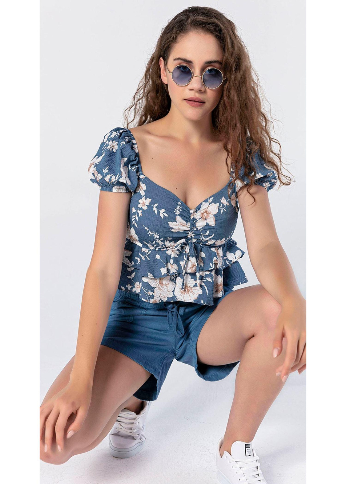 Volanlı, Çiçek Desenli Crop Bluz-Mavi