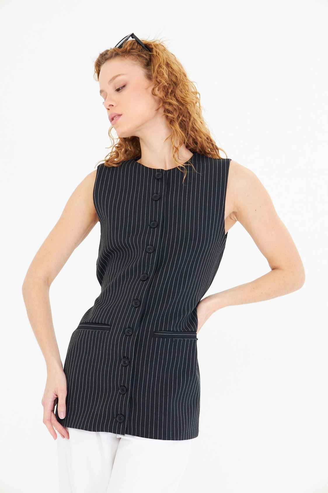 Yanı Kemerli Çizgili Poliviskon Yelek