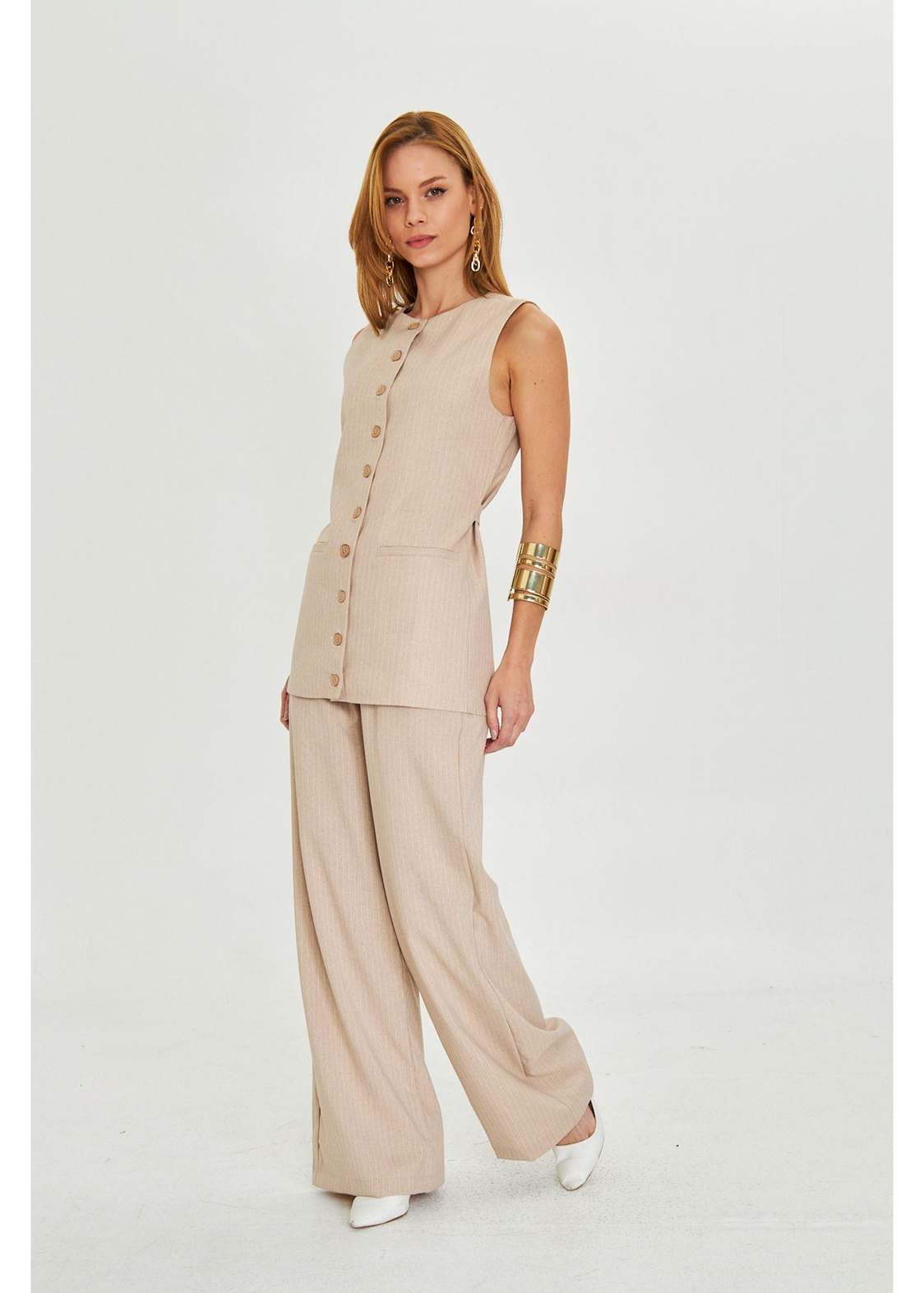 Yanı Kemerli Çizgili Poliviskon Yelek