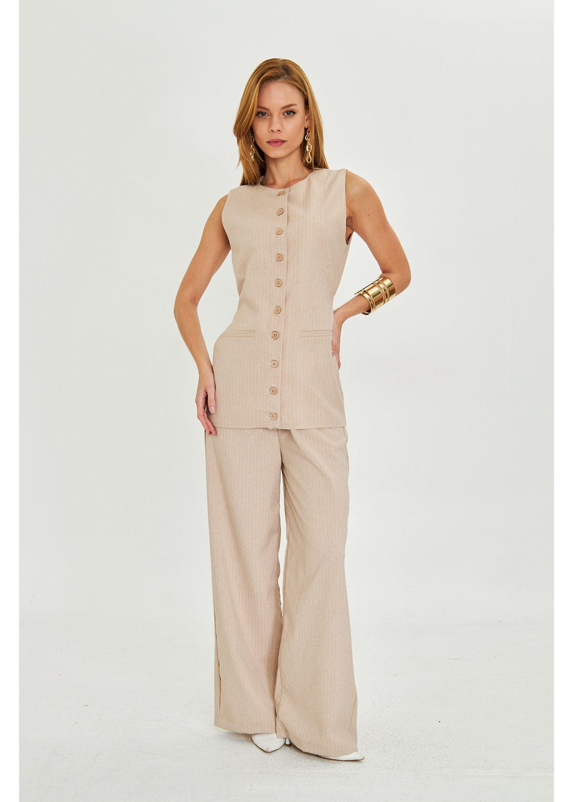 Yanı Kemerli Çizgili Poliviskon Yelek